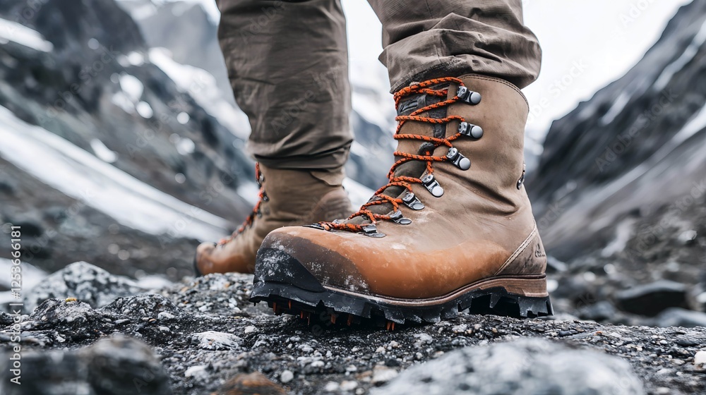 Close-up of a climber's feet wearing hiking boots, his steps are steady across rocky terrain in the mountains. AI generated images. Close-up of a climber's feet wearing hiking boots, his steps are steady across rocky terrain in the mountains. AI generated images.