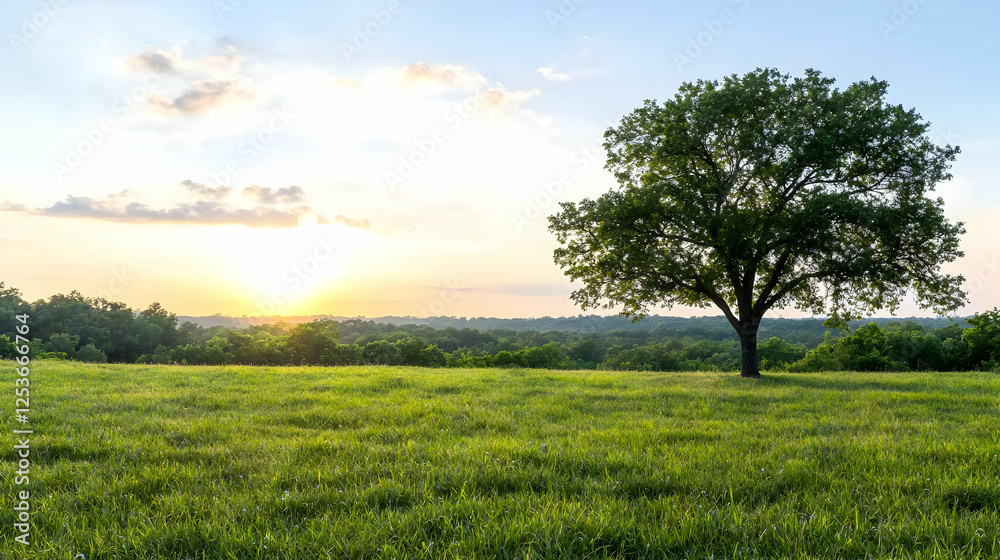 Lone tree sunset field landscape, peaceful nature scene Lone tree sunset field landscape, peaceful nature scene