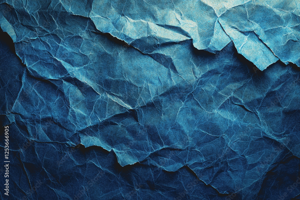 Fototapeta premium Crumpled white paper texture on a blue background creating an abstract artistic composition