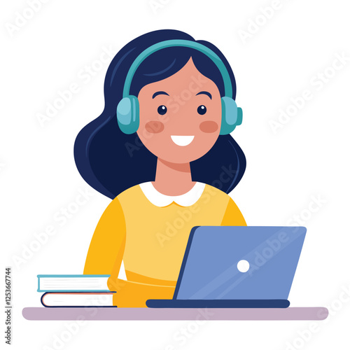 Woman in headphones, studying at laptop. Happy female student watching business webinar. Video conference call, remote work communication. Flat vector illustration isolated on white background