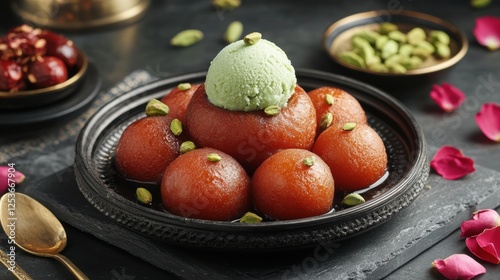 Indulge in a Delightful Dessert Combination Warm Gulab Jamun with Cardamom Ice Cream at a Cozy Indian Eatery