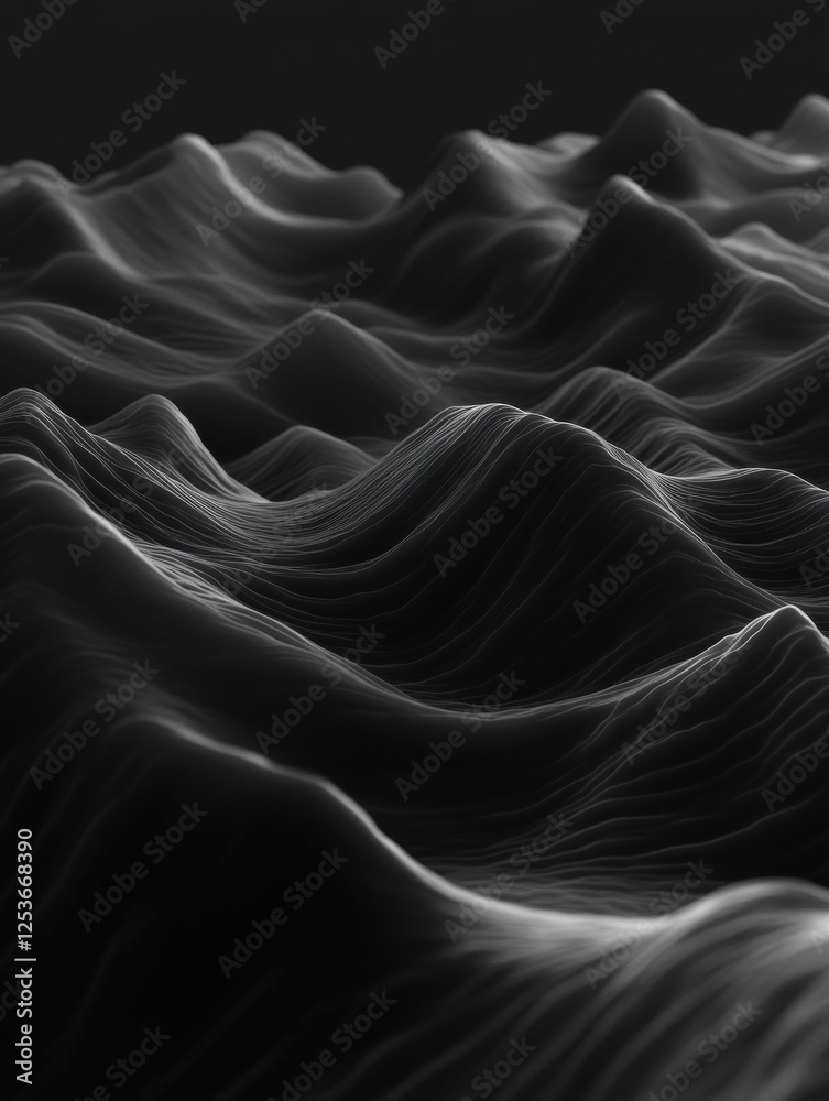 Obraz premium Abstract Monochrome Landscape - 3D Rendered Waves in Dark Background, abstract , digital art , monochrome , landscape