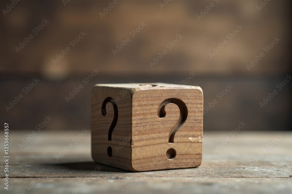 Wooden cube with question marks on a rustic surface, symbolizing inquiry and the search for answers Wooden cube with question marks on a rustic surface, symbolizing inquiry and the search for answers