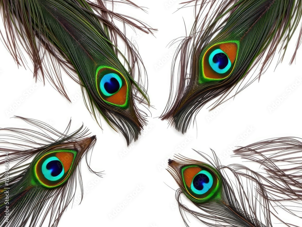 Obraz premium Vibrant peacock feathers spread out gracefully against a clean white backdrop, feathers, exotic