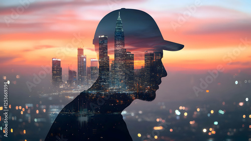Silhouette of a man against a vibrant cityscape sunset urban landscape photo evening profile view reflection of dreams