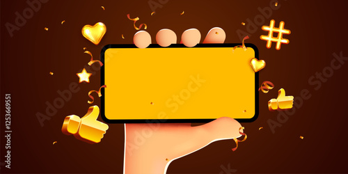 Cute cartoon hand holding mobile smartphone with golden social media icon. Marketing concept.