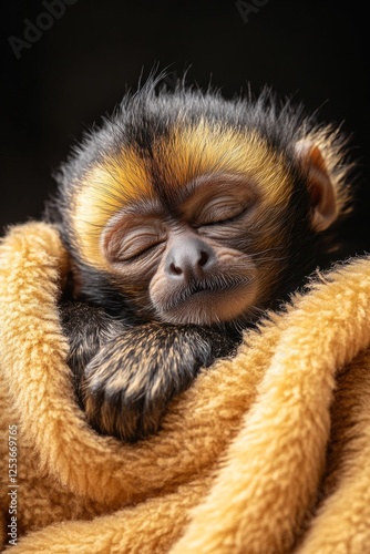 Adorable baby monkey sleeping soundly, wrapped in a cozy blanket, evoking warmth and tranquility photo