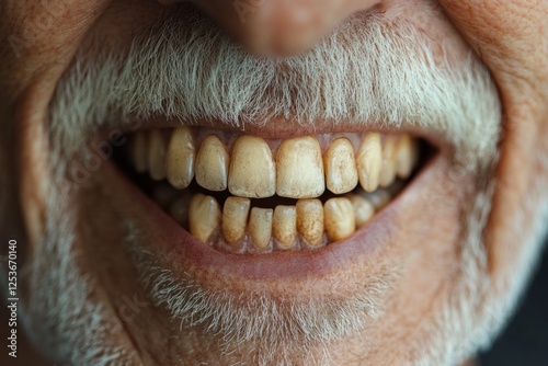 Close-up of an elderly man's unhealthy yellow teeth and gums, highlighting dental hygiene concerns
