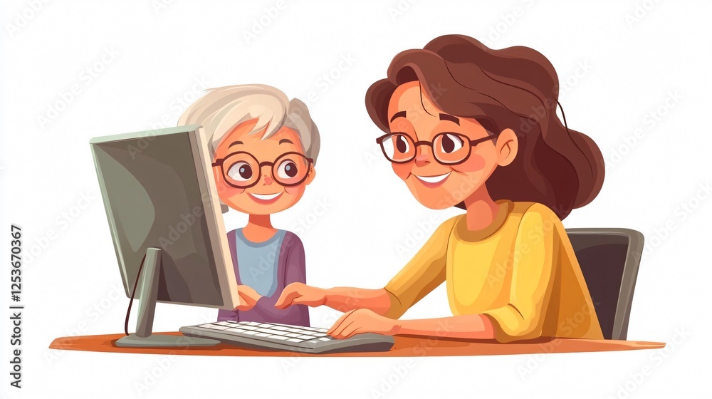 A grandmother with glasses learning to use a computer with guidance. A grandmother with glasses learning to use a computer with guidance.