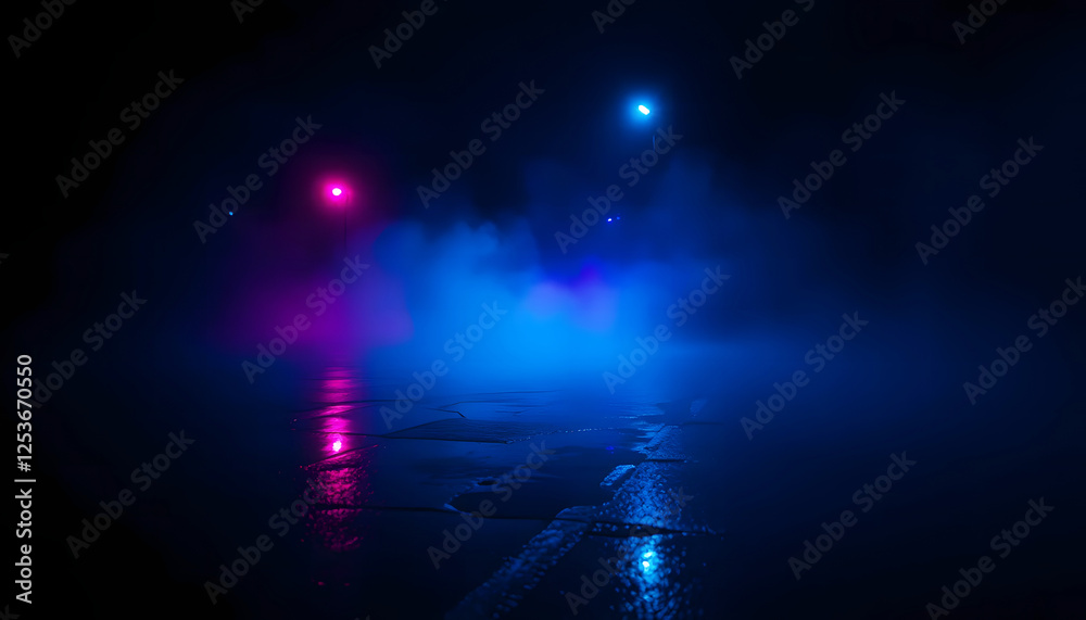 Mysterious dark night scene with glowing blue and red neon lights, foggy urban landscape, futuristic cyberpunk cityscape with moody atmosphere