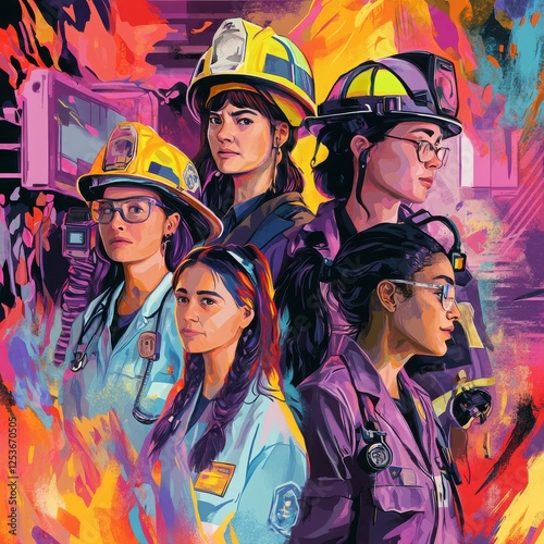 Diverse Women Firefighters Pixel Art Illustration