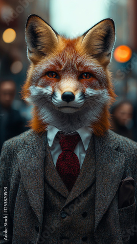 Sophisticated red fox wearing business suit and tie artistic digital portrait