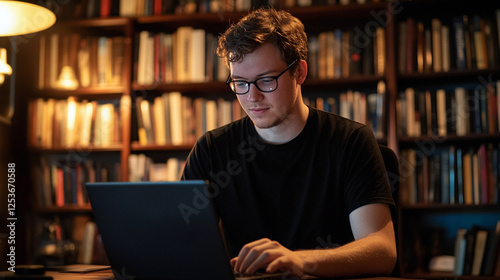 Young student working on laptop in cozy library with warm lighting