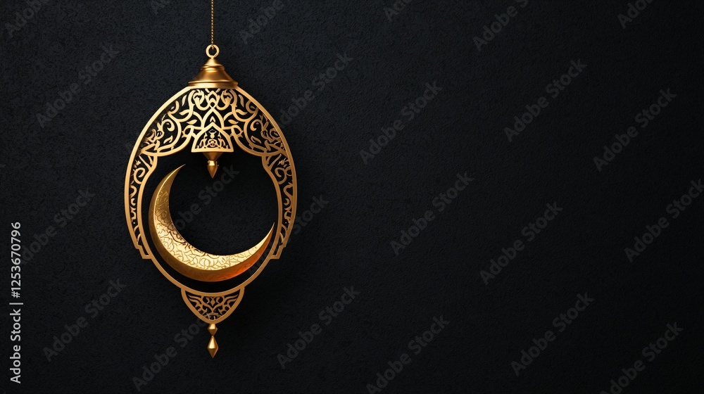 Elegant Golden Crescent Moon Ornament with Intricate Islamic Arabesque Design on Dark Background Elegant Golden Crescent Moon Ornament with Intricate Islamic Arabesque Design on Dark Background