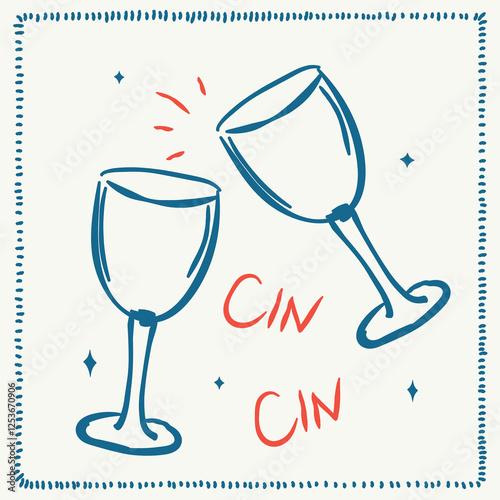 Hand drawn bottle with glasses in doodle style. Chalk poster for italian drink, food, wine, alcohol cocktails. Line contour of wineglass. Coquette Vector illustration for wedding, birthday party, menu