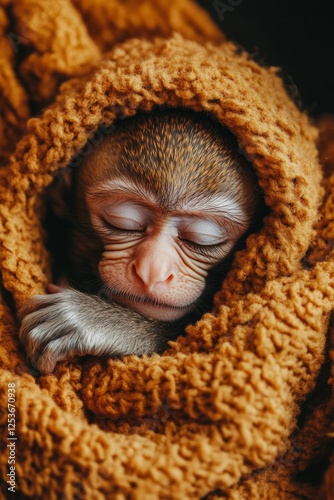 Close-up of adorable baby monkey sleeping soundly, wrapped in a soft, textured blanket, evoking feelings of comfort and warmth photo