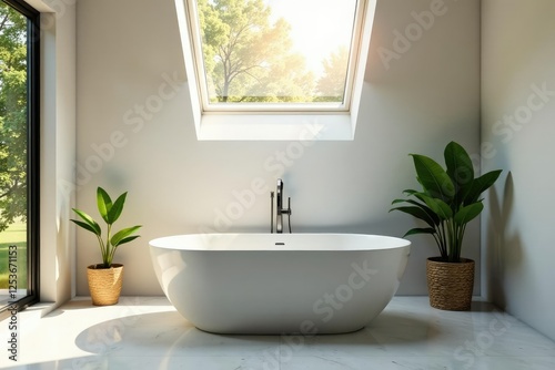 Soft morning light pours through a skylight above a freestanding tub, glass, water, reflection