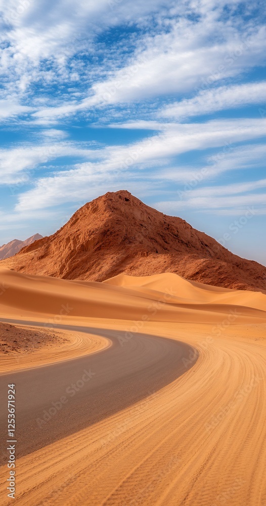 Naklejka premium Desert road curves past red dune, blue sky. Travel background