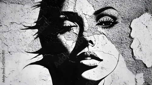 and white stencil art of a woman's face with high contrast shadows on a textured concrete wall 