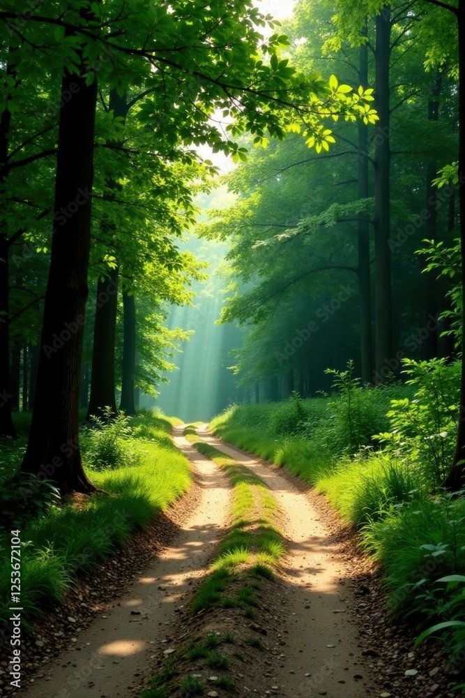 Serene Woodland Path Sunbeams Illuminate a Lush Green Canopy, Casting Shadows on a Gentle Dirt Road Winding Through a Tranquil Forest Serene Woodland Path Sunbeams Illuminate a Lush Green Canopy, Casting Shadows on a Gentle Dirt Road Winding Through a Tranquil Forest