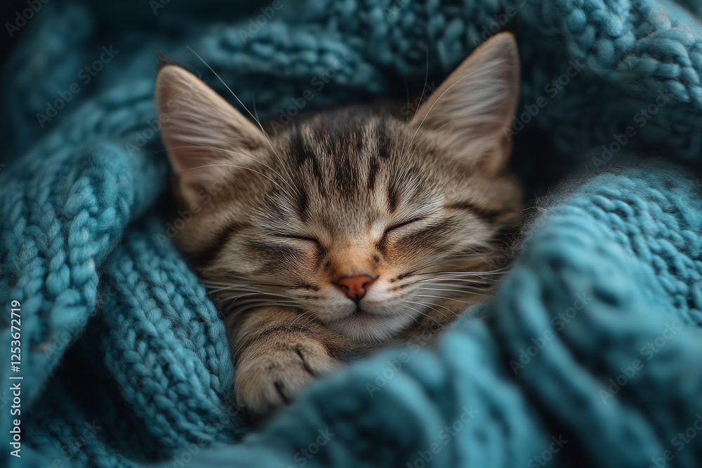 Adorable kitten sleeping serenely, nestled in the warm embrace of a cozy blue blanket Adorable kitten sleeping serenely, nestled in the warm embrace of a cozy blue blanket
