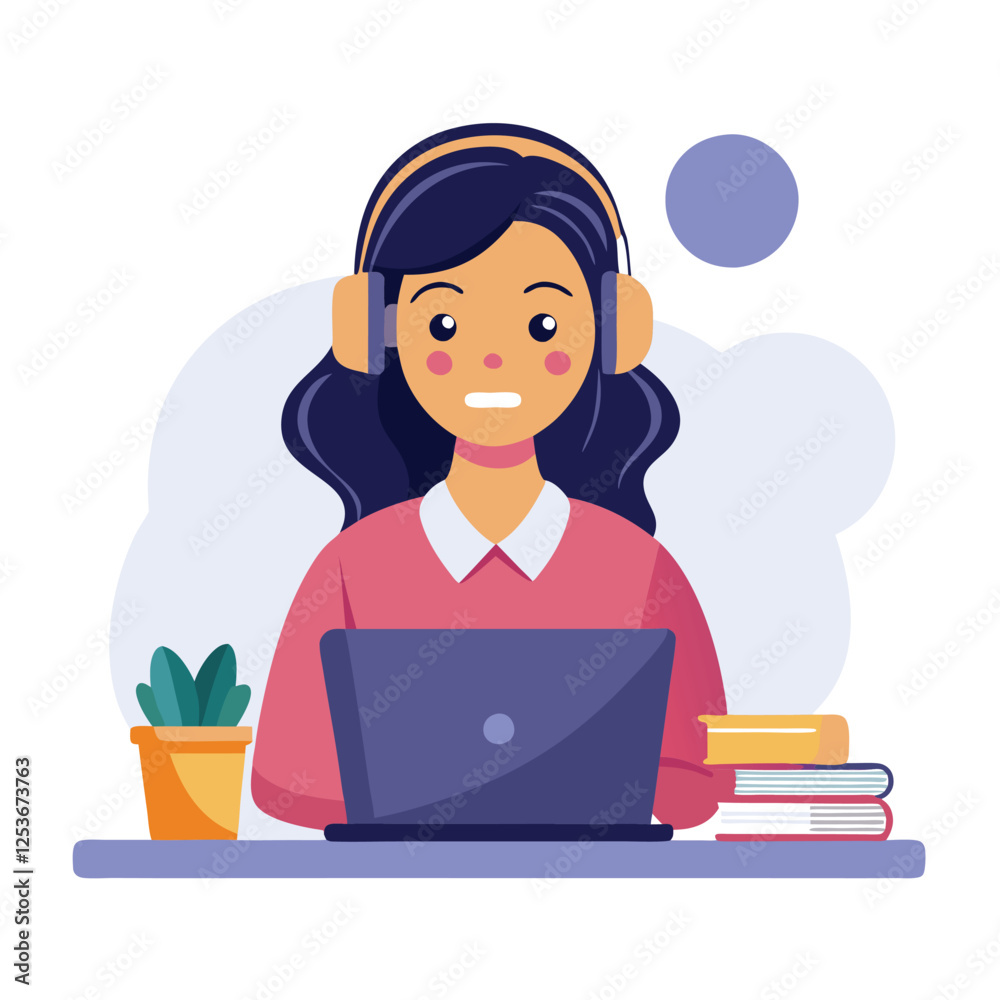 Woman in headphones, studying at laptop. Happy female student watching business webinar. Video conference call, remote work communication. Flat vector illustration isolated on white background Woman in headphones, studying at laptop. Happy female student watching business webinar. Video conference call, remote work communication. Flat vector illustration isolated on white background