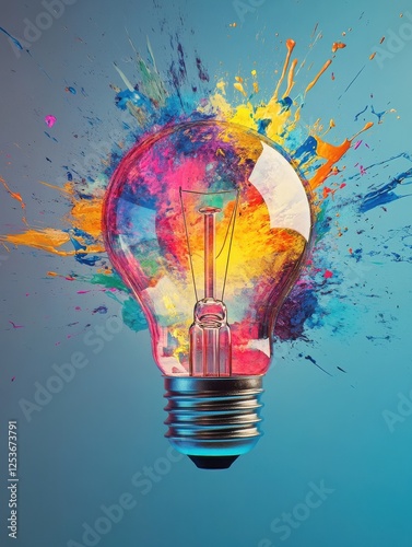 Creative light bulb explodes with colorful paint and colors on light background. Color splash in bulb with colorful background. New idea, brainstorming concept. Generative AI