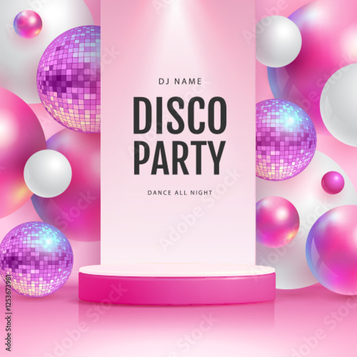 Disco party showcase pink background with 3d podium, disco ball spheres and holographic pink spheres. Vector illustration