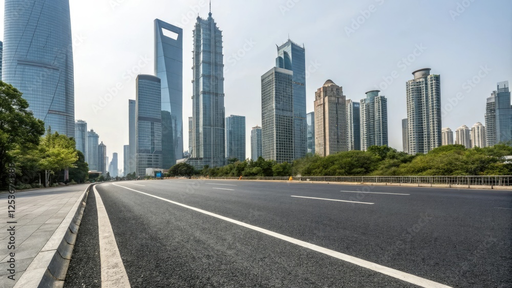 Wide asphalt road stretching through a modern cityscape with sleek skyscrapers and glass towers in the background, concrete highway, highway Wide asphalt road stretching through a modern cityscape with sleek skyscrapers and glass towers in the background, concrete highway, highway