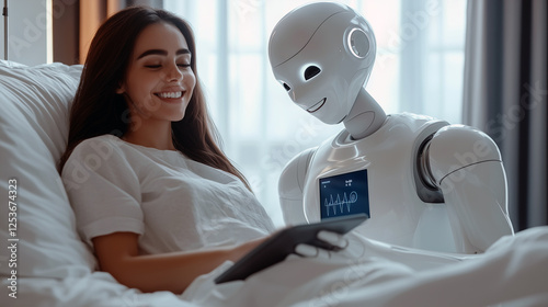 Humanoid assisting doctor in examining patient in modern hospital room with medical equipment. Sense of innovation, efficiency, and compassionate care provided by robot in collaboration with human.