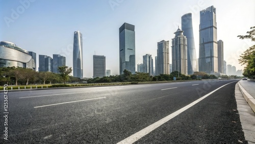Wide asphalt road stretching through a modern cityscape with sleek skyscrapers and glass towers in the background, urban landscape, urban architecture, modern city, concrete highway