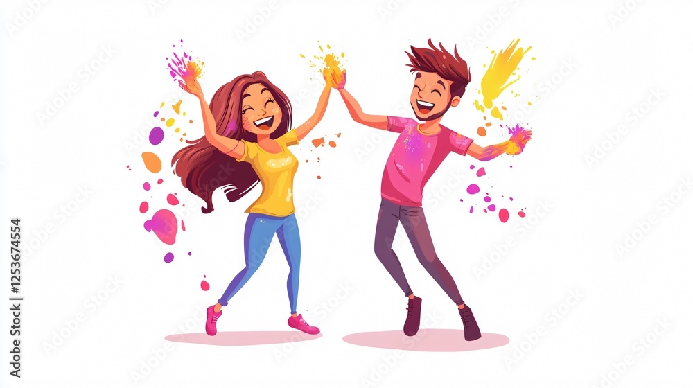 Men and women engaging in the Holi festival, covered in bright colors, expressing joy and cultural celebration. Men and women engaging in the Holi festival, covered in bright colors, expressing joy and cultural celebration.