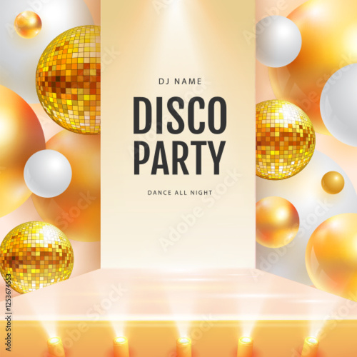 Disco party showcase  background with 3d podium, disco ball spheres and holographic gold spheres. Vector illustration