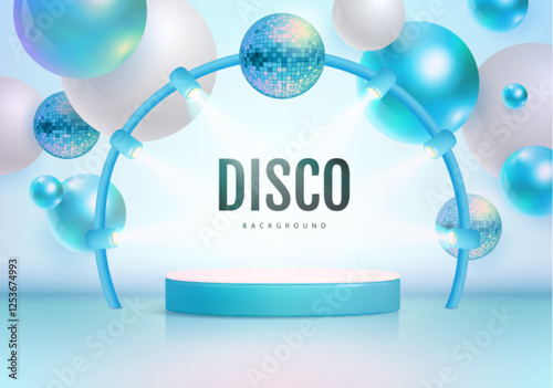 Disco party showcase background with 3d podium, disco ball spheres and holographic blue spheres. Vector illustration