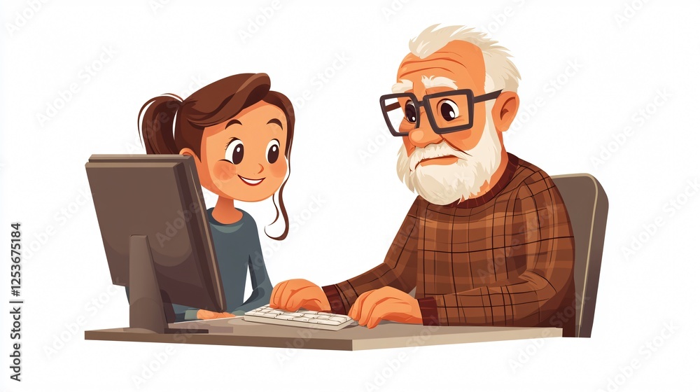 Young student assisting an elderly person with learning. Young student assisting an elderly person with learning.