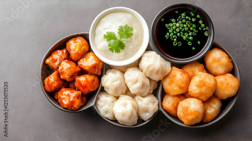 Wallpaper Mural Delicious Asian dumplings, sauces, and chicken. Food platter, overhead shot Torontodigital.ca
