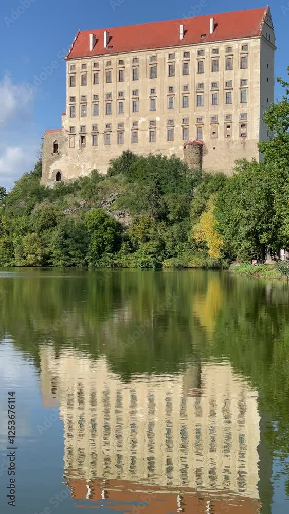 Plumlov, Czech Republic, Romantic baroque castle, fairy tale castle above lake, tall chateau, european towns, lake castle