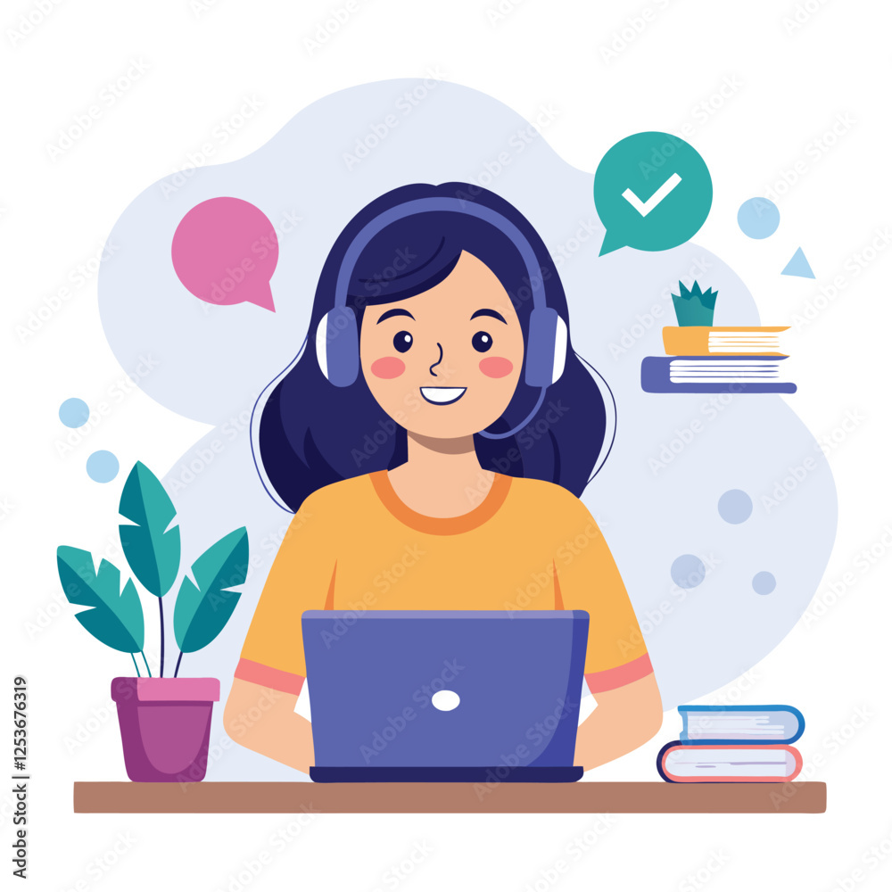 Woman in headphones, studying at laptop. Happy female student watching business webinar. Video conference call, remote work communication. Flat vector illustration isolated on white background Woman in headphones, studying at laptop. Happy female student watching business webinar. Video conference call, remote work communication. Flat vector illustration isolated on white background