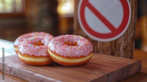 fast food, low carb diet, fattening and unhealthy eating concept - close up of glazed donuts on wooden board behind no symbol or circle-backslash prohibition sign photo
