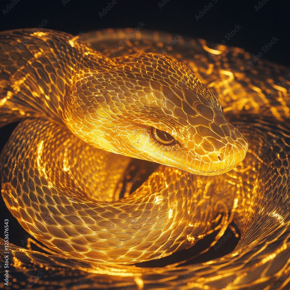 Fototapeta premium Golden Glowing Snake Closeup Photography Of Reptile Wildlife In Nature Photography Style With Detailed Scales And Texture Under Illumination And Macro Photography Focusing On Glowing Scales And