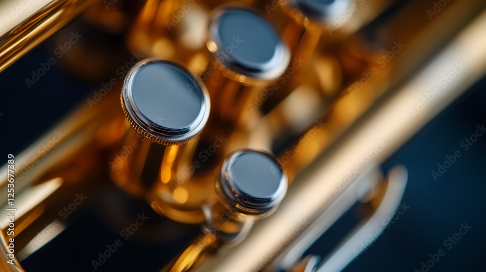 Naklejka premium Close-up of a Golden Trumpet's Valves, Musical Instrument Detail
