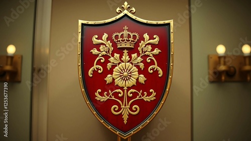 Heraldic shield with royal floral ornament Vintage crest sign or coat of arms photo