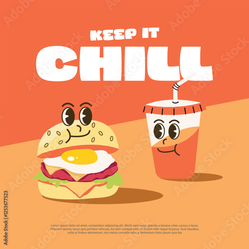 flat design illustration poster. burger and drink character