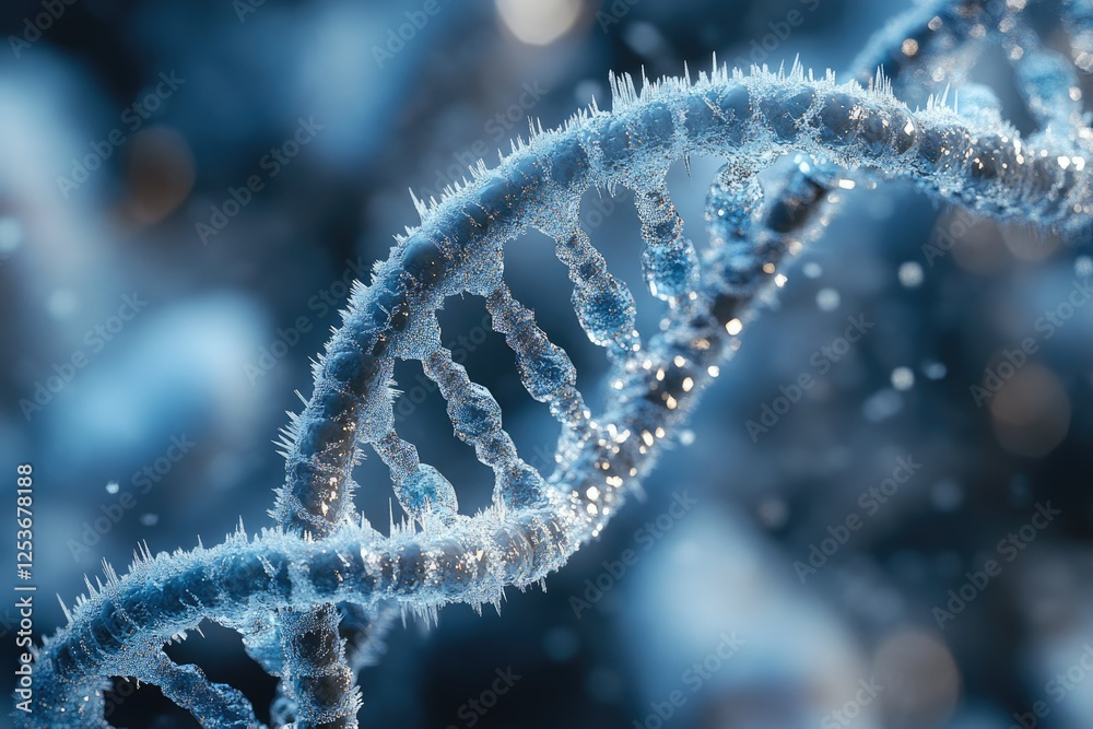 A frozen DNA double helix, a mesmerizing depiction of genetic code in icy crystalline form. A frozen DNA double helix, a mesmerizing depiction of genetic code in icy crystalline form.