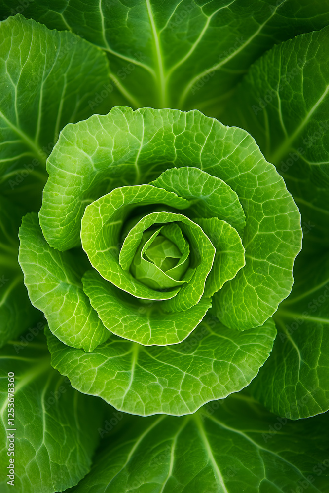 Fototapeta premium Top-Down Texture of Fresh Green Cabbage, The texture of green fresh cabbage from above