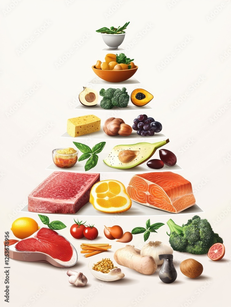 Obraz premium Keto food. Nutrition pyramid, low carb foods. Healthy ketogenic dieting diagram. Vector carbohydrate, protein and fats balance infographic