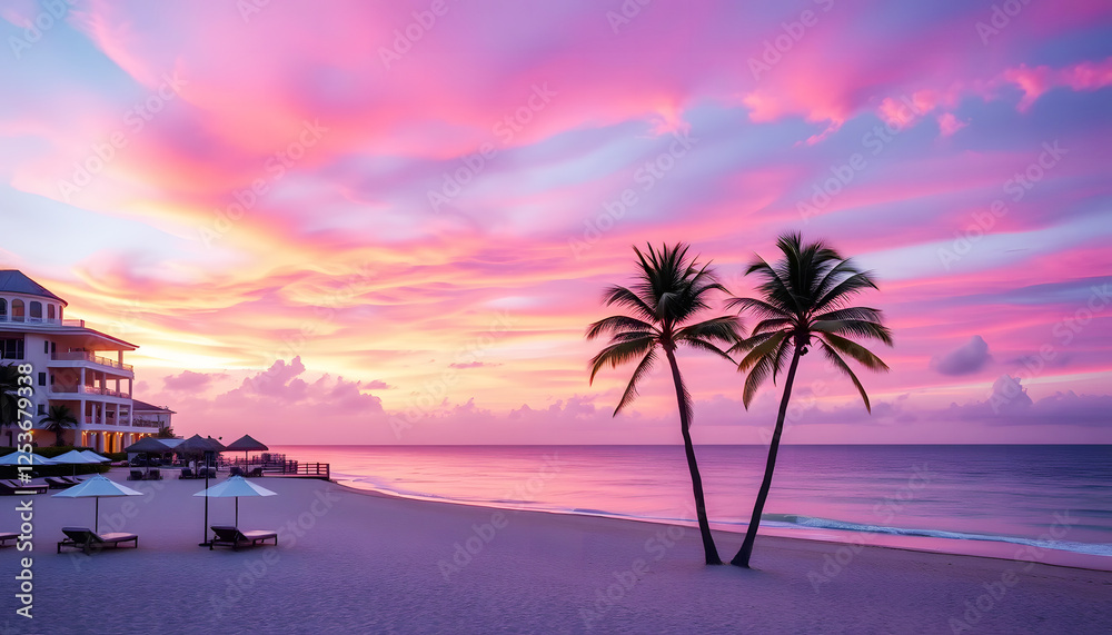 Fototapeta premium beautiful sunset at tropical beach with palm trees, representing paradise, relaxation, vacation, travel, nature, and serene ocean views