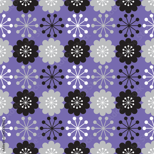 Retro Asterisk floral vector pattern background. Vintage purple, grey and black illustration.