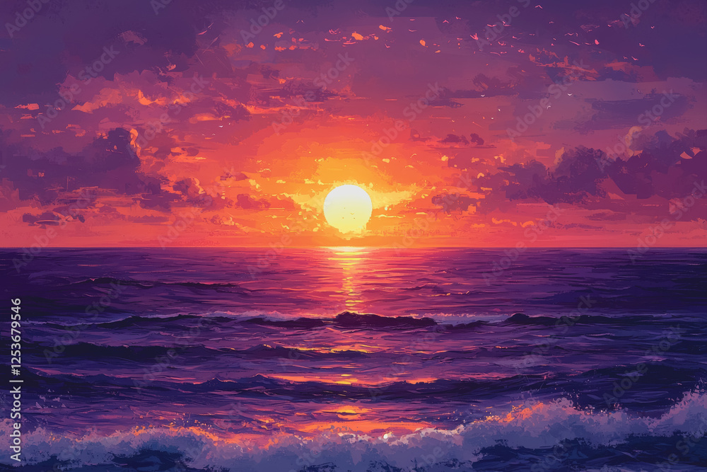 Painting of a vibrant sunset over a calm ocean with colorful sky and gentle waves Painting of a vibrant sunset over a calm ocean with colorful sky and gentle waves