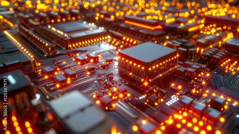 Close-up of illuminated electronic circuit board with glowing lights Close-up of illuminated electronic circuit board with glowing lights